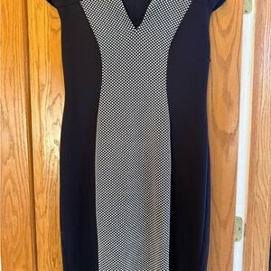 Super Flattering Navy Dress with Monochrome Patterned Panel